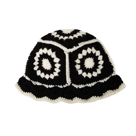 CYMNER Crochet Bucket Hat Women Hand Crafted Knitted Bucket Hat Foldable Cute Fishing Hat Boho Knitting Bucket Hat,Floral Basin Cap Black