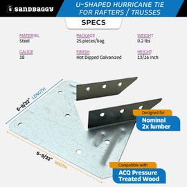 Sandbaggy U-Shaped Hurricane Tie - Hot Dipped Galvanized, 18 Gauge - Structural Wood Framing Connectors for Rafters, Trusses, Deck Joists (U-Shaped, 25, Count)
