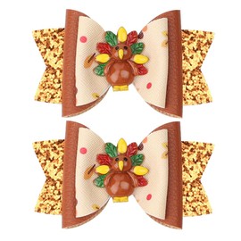 Christmas Hair Bows Yellow Orange Brown Thanksgiving Hair Accessories Turkey Glitter Large Hairpin Ribbon Hand Print Hair Clips Toddler Girls Kids Cute Bow Claw Clips for Thick Thin Hair Decor 2PCS