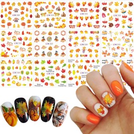12 Sheets Maple Leaves Nail Art Stickers Fall Nail Supplies Maple Leaf Water Transfer Nail Decals Autumn Flowers Leaves Turkey Pumpkins Nail Art Design Stickers for Women Thanksgiving Nail Decorations