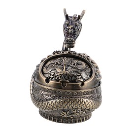 minkissy Dragon Ashtray with Lid Windproof Metal Patio Ashtray for Outdoor Use Stylish Decorative Cigar Holder with Slots for Balcony Garden and Deck Unique Home Accent