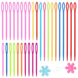 Pack of 32 Darning Needles with Large Eye Children, Colourful Sewing Needles with Flower Threaders, Plastic Sewing Needles Set, Wool Needle for Sewing for DIY, Sewing, Crafts