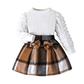 Zupora Baby Girl Clothes Bubble Long Sleeve Pullover Top Plaid Skirt Set 2Pcs Toddler Kids Fall Winter Outfits Dress 2-8 Years