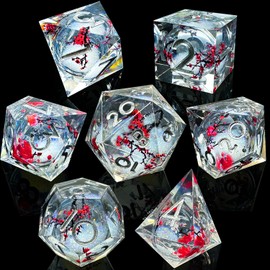 HAOMEJA Flower Dice Liquid Core Resin DND Dice Set 7Pcs with Bag Sharp Edge Polyhedral Dice, Apply to D&D Dungeons & Dragons Role-Playing Games Dice Games Gift (Transparent & Silver Word)