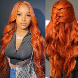 Ginger Human Hair Lace Front Wigs Colored 13x4 Body Wave Ginger Orange Lace Front Wigs Human Hair Pre Plucked Ginger Lace Front Wigs Human Hair HD Lace Frontal Wigs Human Hair 200% Density 32 Inch