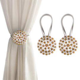 Magnetic Tiebacks for Curtains, 2 Pack Sparkling Crystal Flower Curtain Tiebacks Curtain Buckle Clips with High-Elastic Spring Wire for Home Office Decoration (Yellow)