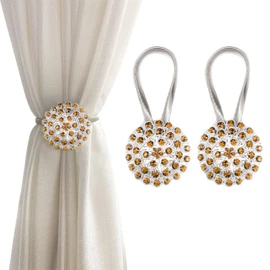 Magnetic Tiebacks for Curtains, 2 Pack Sparkling Crystal Flower Curtain Tiebacks Curtain Buckle Clips with High-Elastic Spring Wire for Home Office Decoration (Yellow)