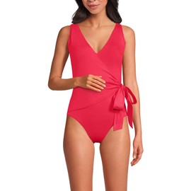 Lands' End Women's Side Tie Wrap One Piece Swimsuit 12 Coral Roses