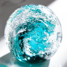 Hand Blown Glass Ocean Waves Paperweight & Decoration for Home, Office & Aquarium - Dark Blue Bubble Ball