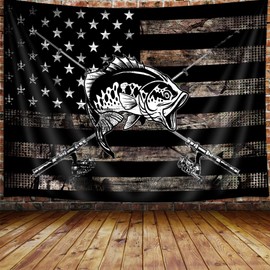 Country American Flag Fishing Tapestry, Rustic Hunting Camo Bass Fish Lake Black and White Tapestry Wall Hanging for Men Bedroom, Cabin Tapestries Poster Blanket College Dorm Home Decor 60X40inches