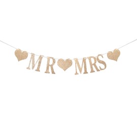 Champagne Gold Glittery MR & MRS Banner - Banner for Bridal Shower, Wedding, Engagement, Anniversary Party Supplies
