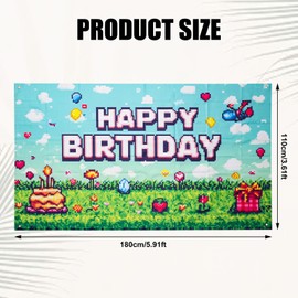 SAVITA Happy Birthday Backdrop, Large Sandbox Theme Birthday Decorations Video Game Party Accessories for Kids Supplies Favors