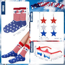 4th of July Accessories Set - 3pcs Patriotic Costume Accessories Set with Red White and Blue Star Sunglasses Earring American Flag Socks Gift for Women Girls Independence Day Memorial Day Party Favors