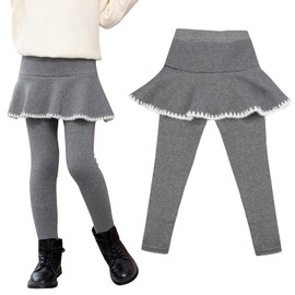 Looching Toddler Girls Fleece Lined Leggings with Skirt Kids Tights Winter Warm Thick Tutu Pants 1-6Years Grey