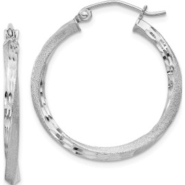 Sterling Silver Rh-Plated Satin Diamond-Cut 2.5X25mm Twisted Hoop Earrings (27 X 25) Made In Mexico qe4598