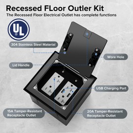 Vagueior Recessed Flat Hidden Floor Electrical Outlet Box Kit,Stainless Steel Cover with 4 * 20A Tamper-Resistant Receptacle Outlet and 5V/4.8A USB Port,UL Certified,Black