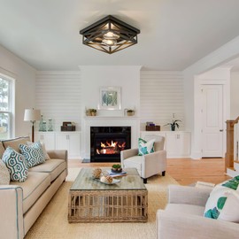 Youroke 2-Lights Flush Mount Ceiling Light, Farmhouse Close to Ceiling Light Fixtures, 11 Inch Indoor Retro Metal Black Cross Cage Square Ceiling Light Fixtures for Hallway Kitchen Bedroom