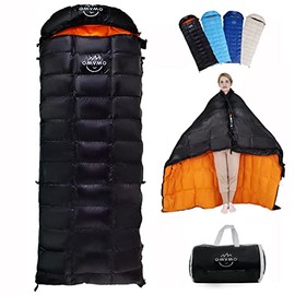 OMVMO 15 Degrees F 650 Fill Power Down Sleeping Bag for Adults,Lightweight 4 Season Envelope Rectangle Down Sleeping Bag for Backpacking Camping,Black Left-Zipper Long