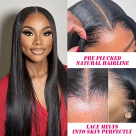ManeMajesty 30 Inch Lace Front Wigs Human Hair Straight Wear and Go Glueless Wigs Human Hair Pre Plucked Pre Cut T Part HD Lace Front Wig 180% Density Natural Black Layered Wig