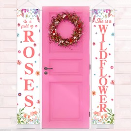 Fangleland Wildflower In a Field of Roses Door Banner, Spring Floral She Is a Wildflower Door Porch Sign Decor, Summer Flowers Garden Party Indoor Outdoor Home Yard Decorations Supplies