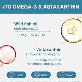 Pure & Essential Super Concentrated rTG Omega 3 1000mg, Wild Fish Oil 1000mg EPA DHA, 2:1 Ratio, Non-GMO, Astaxanthin 1mg, Lemon Flavor, 180 Capsules