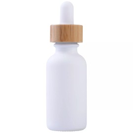 Focus Nutrition Clear Frosted Boston Round Glass bottles White Bamboo Cap 1 oz / 30 ml 12 Pack