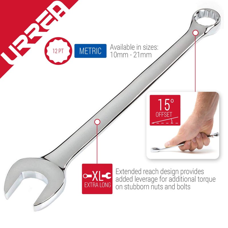 URREA 12-Point Combination Wrench - 21mm Extra Long Mechanics Tool
