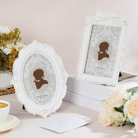 Qunclay 2 Pcs Vintage Photo Frames Antique Baroque Ornate Resin Rectangle Oval Picture Frames with Glass Front Tabletop and Wall Decor for Home Wedding(White,4 x 6 Inches)
