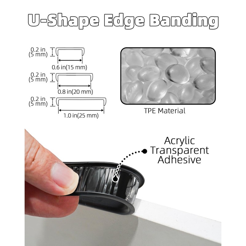 U-Shape Black TPE Edge Banding 16.4Ft Self-Adhesive Flexible Edge Trim,