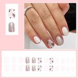 24 Pcs White Press on Nails Short Square,YIHONGYUAN Sweet Glitter Fake Nails Press ons Nail Tips Acrylic Kit Glue on Nails Full Cover False Nails with Daisy Glossy Design Stick on Nails for Woman