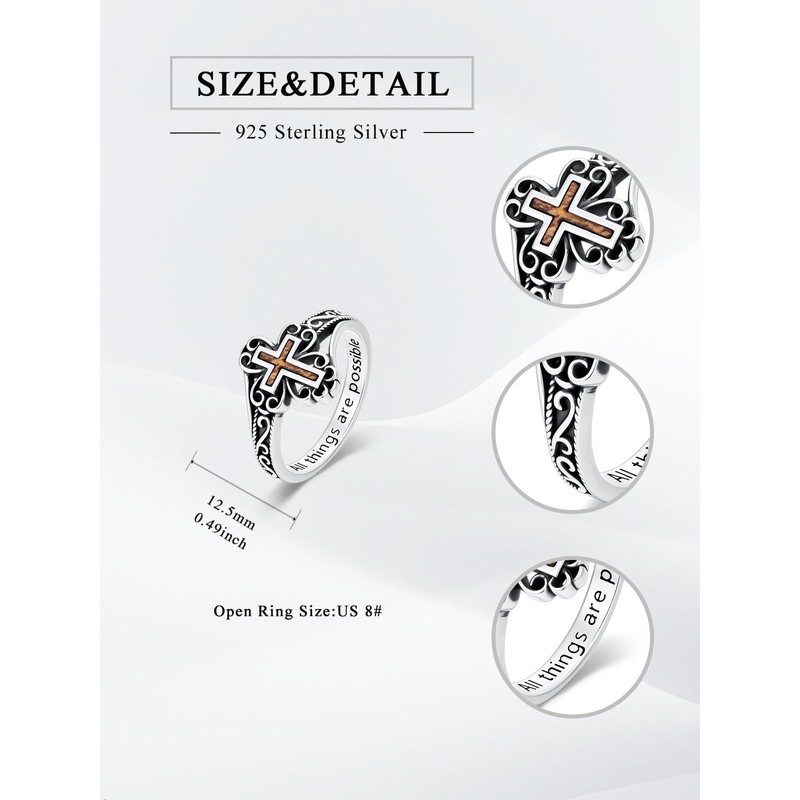 Lypic Cross Ring for Women 925 Sterling Silver Wooden Cross