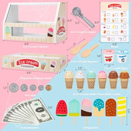 ZJEFUNS Wooden Ice Cream Toys for Kids Ice Cream Counter Shop for Toddlers Pretend Play Food Scoop and Serve with Scoop & Menu & Fake Money for Boys and Girls Ages 3 4 5 6.