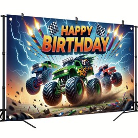 Monster Truck Birthday Backdrop 70.8x43.3 inches Monster Boys Kids Happy Birthday Background Photography Happy Birthday Banner Photo Props for Cartoon Monster Truck Birthday Party Supplies