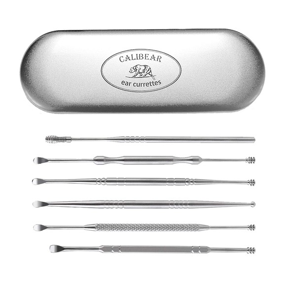 Calibear Ear Curette Earwax Removal Kit - Medical Grade Stainless Steel Set of 6 pcs Ear Picks Ear Curettes in a Tin Storage Box - Comfortable Efficient Earwax Removal Ear Wax Cleaning