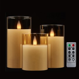 CozierGlow Glass Wax Flameless Pillar Candles Flickering with Remote Timer, 3D Moving Flame Battery led Candles, Set of 3, 3 x H4, 5, 6 Inches,Remote Included (Champagne).