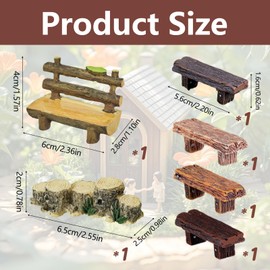 Miniature Accessories for Fairy Garden - Wooden Bench, Tree Trunk Bridge & Double Bench Set - 1:12 Scale - 5 Pieces - DIY Garden Decoration, Fairy Tale Figures Accessories, for Miniature Worlds &