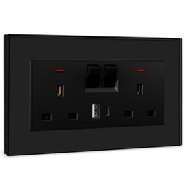 BSEED Double Socket 13A with 2 USB A and USB C 18W, Double Switched Socket 2 Gang UK Standard, Switched Outlet with Glass Panel, Electric Power Outlet Black