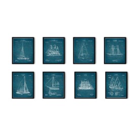 Nautical Wall Art Sailboat Prints Sail Boat Blueprint Decor Set of 8 Framed (9x11) Patents Sailing Gifts Coastal Bathroom Decorations Maritime Ideas
