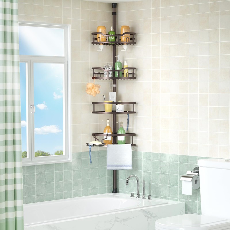 Corner Shower Caddy Tension Pole: Rustproof Stable 4-Tier Bathroom Organizer