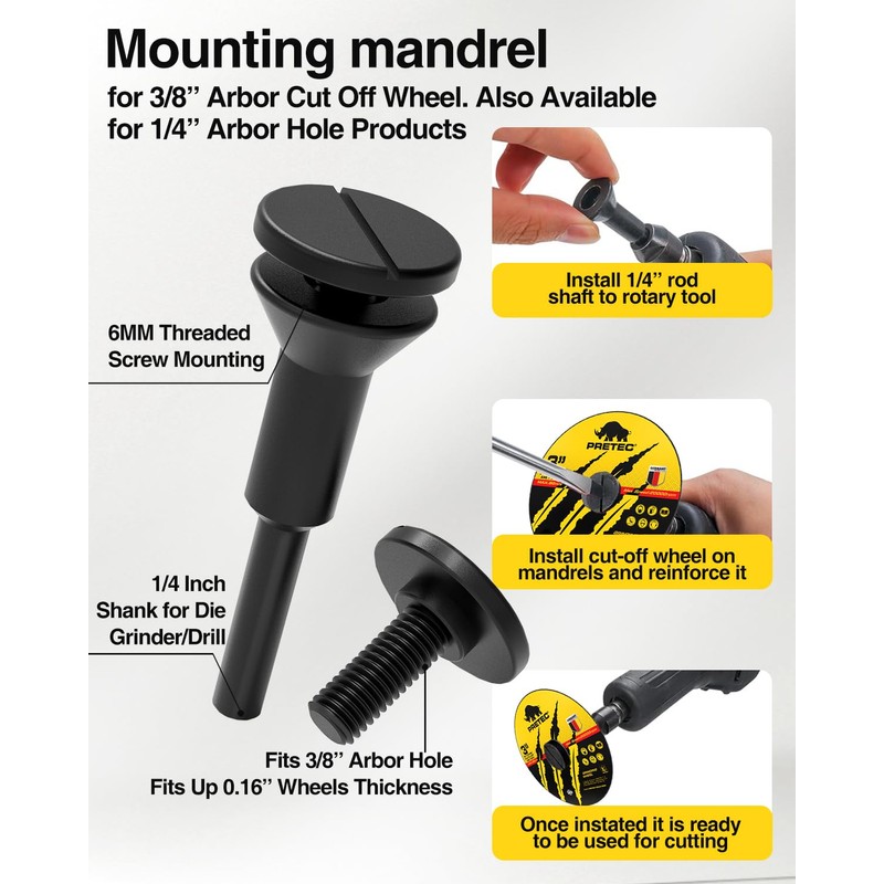 Cut Off Wheel Mounting Mandrel 1/4" & 3/8" Arbor Hole