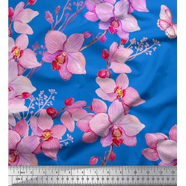 Soimoi Blue Viscose Chiffon Fabric Bird & Orchids Flower Print Fabric by Yard 42 Inch Wide