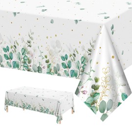2 Pcs Sage Green Tablecloth - White and Green Eucalyptus Leaves Table Cloth, Disposable Plastic Rectangle Greenery Table Cover for Wedding Bridal Baby Shower Party Supplies Tables Decor, 108x54Inch
