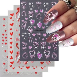 4Sheet Valentine's Day Nail Art Stickers Pink Red Glitter Love Heart Nail Stickers 3D Self-Adhesive Silver Grid Line Nail Decals 5D Embossed Bow Pink Gradient Heart Star Nail Decor for Manicure DIY