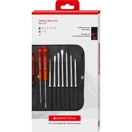 PB Swiss Tools Slotted / Phillips / Awl Screwdriver Set PB 215 | 100% Swiss Made | 10-Piece Screwdriver Set with 7 Interchangeable Blades, Includes High-Quality Roll Bag