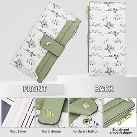 Farcauo Purses for Women Long Ladies Purse RFID Wallet for Women Cute Wallets with Card Holder Green Ladies Kawaii Flower Card Wallets Coin Purse with Credit Card Holder