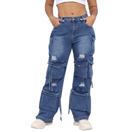 ThusFar Cargo Jeans for Women Y2K High Waisted Baggy Jeans Ripped Straight Wide Leg Denim Pants Streetwear Deep Blue M