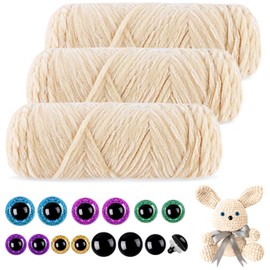 Mngevcy 3 x 150m Chenille Wool for Crochet, Fluffy Wool, Soft Chenille Yarn with Safety Eyes for Knitting (Cream)