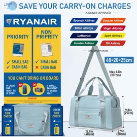 FIORETTO for Ryanair Airlines Cabin Bags 40x20x25 Underseat Travel Hand Luggage Carry on Bag Weekend Overnight Duffle Holdall Bag for Women and Men Blue