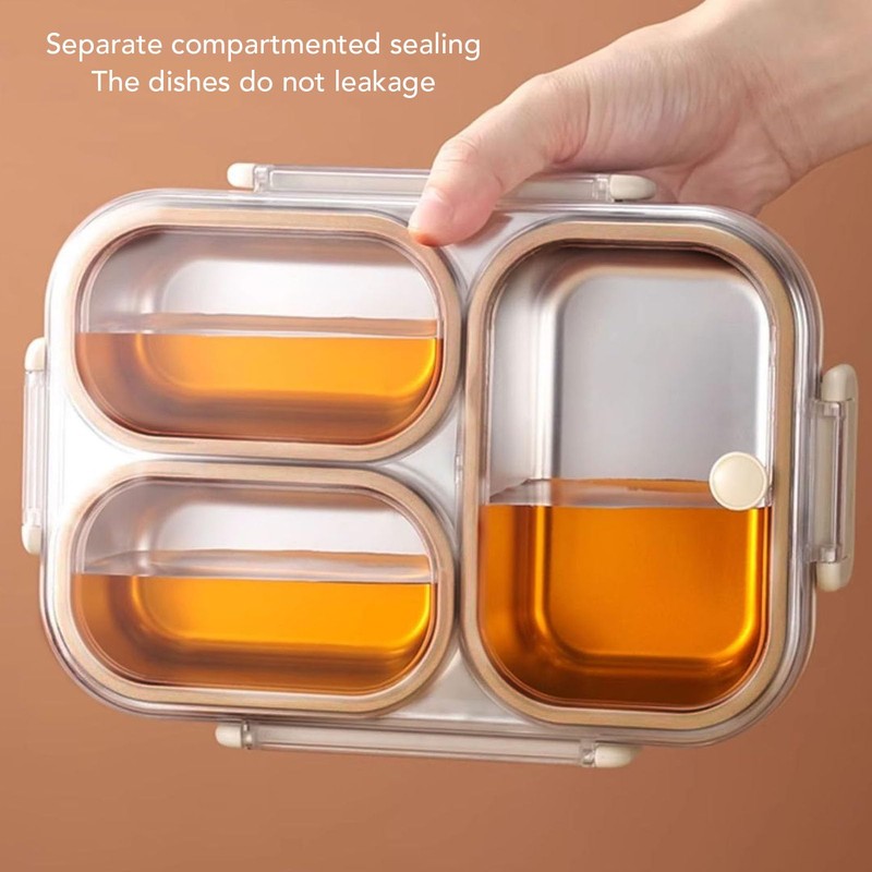 Lunch Box, 1.2L Khaki Stainless Steel Lunch Container 3 Compartments