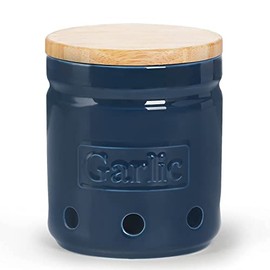 ONTUBE Porcelain Garlic Keeper with Lid, Ceramic Garlic Saver 4.3-Inch (Navy)